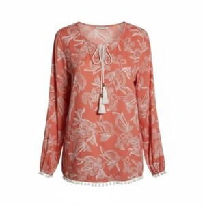 Soft Surroundings Coral Paisley Tassel Tunic Top Blouse 2X